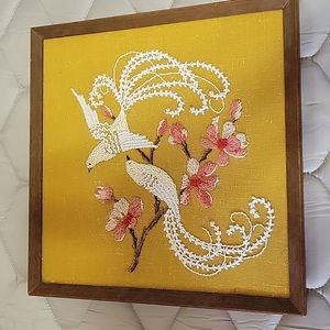 Vintage Framed Crewel Embroidery Wall Hanging Birds Doves Yellow Cottagecore